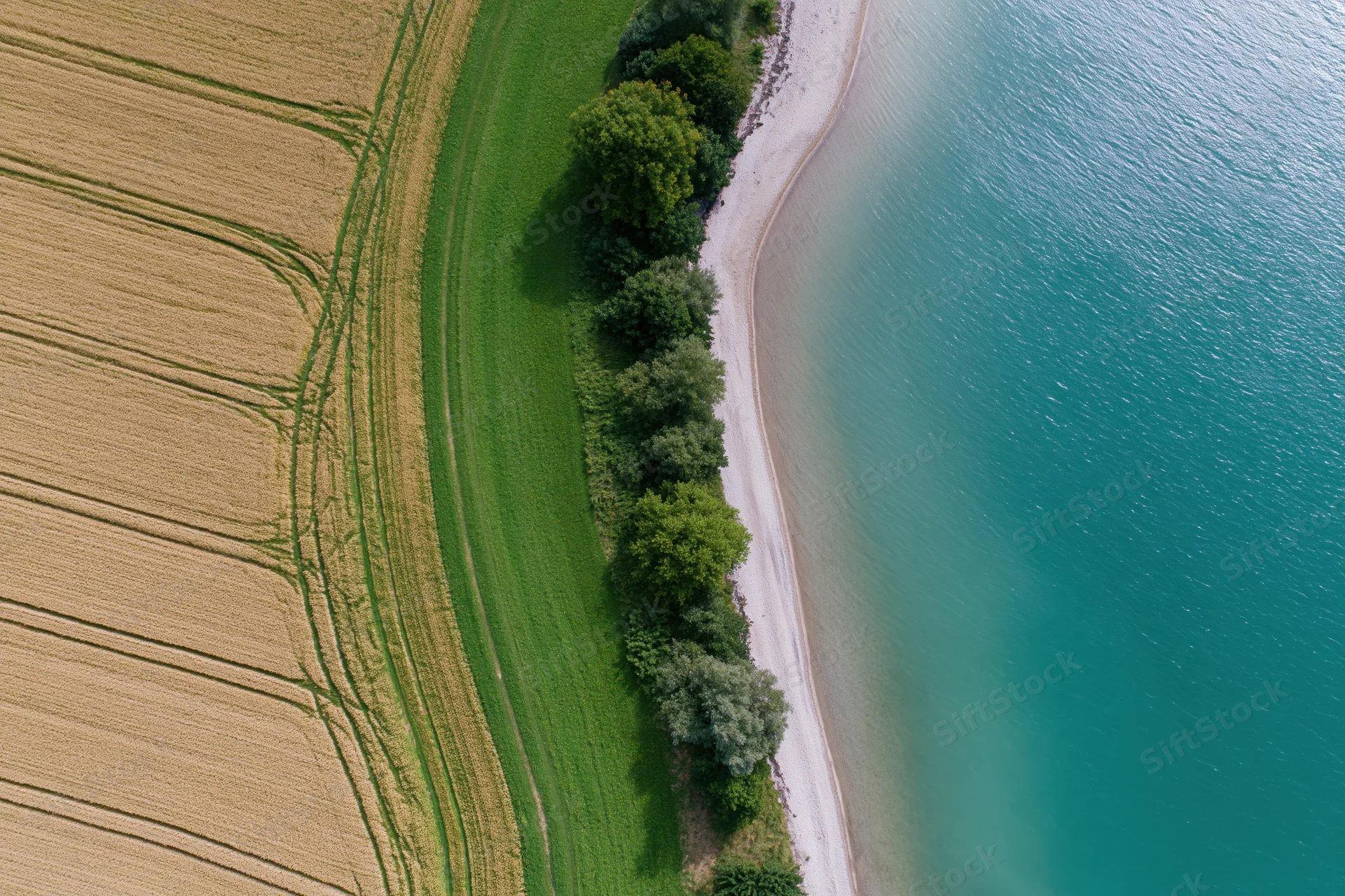 Aerial top-down view of golden wheat fields meeting a turquoise lake shore with green trees and sandy beach