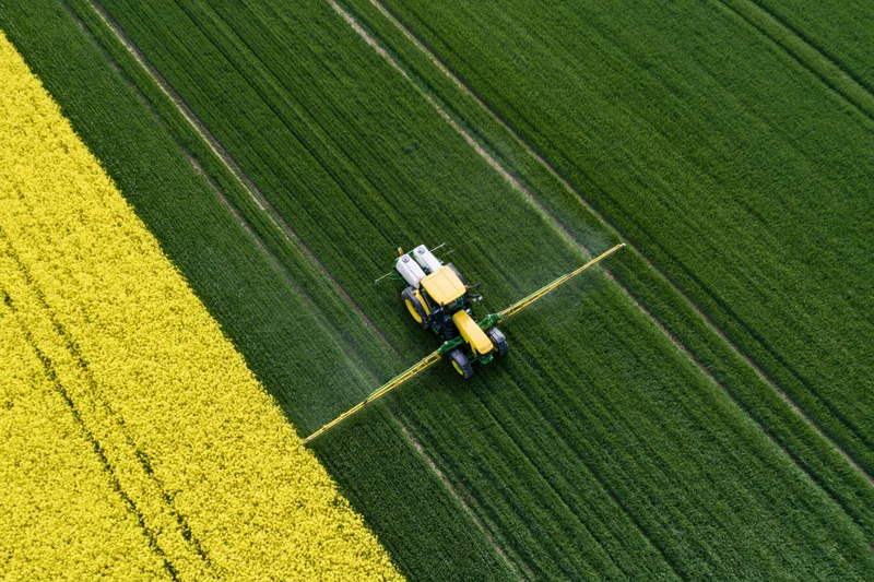 Yellow tractor spraying pesticide across a green field next to a yellow canola crop from an aerial top-down view