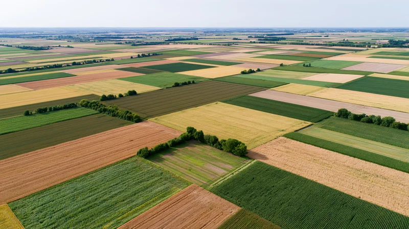 Aerial top-down view of patchwork agricultural farmland stretching into the distance