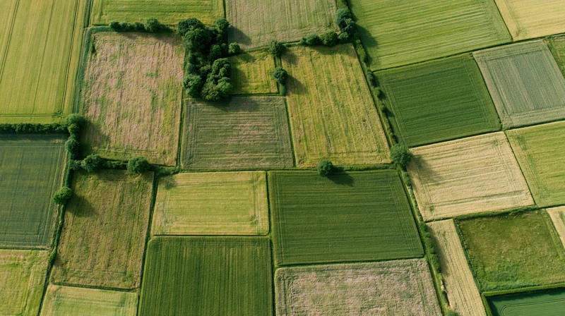 Aerial top-down view of patchwork agricultural fields in rural countryside