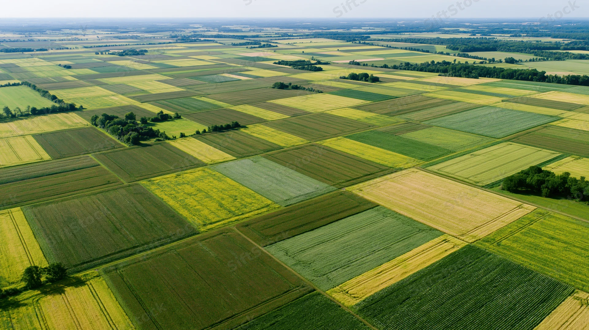 Aerial top-down view of patchwork agricultural fields in rural countryside