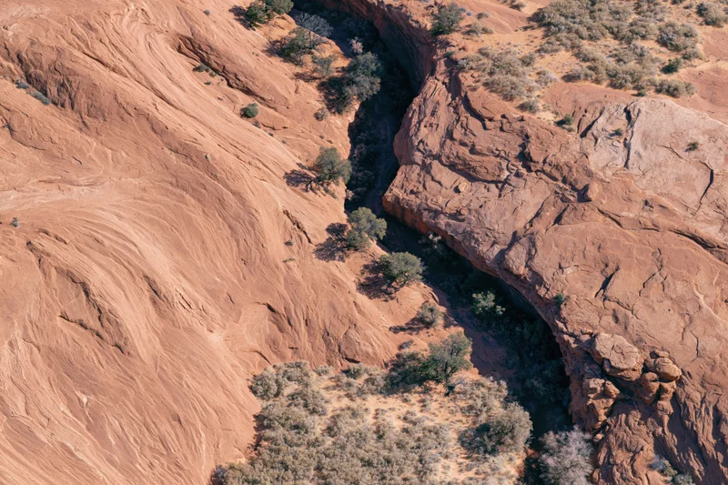 Aerial top-down view of red sandstone canyon with sparse vegetation in desert terrain