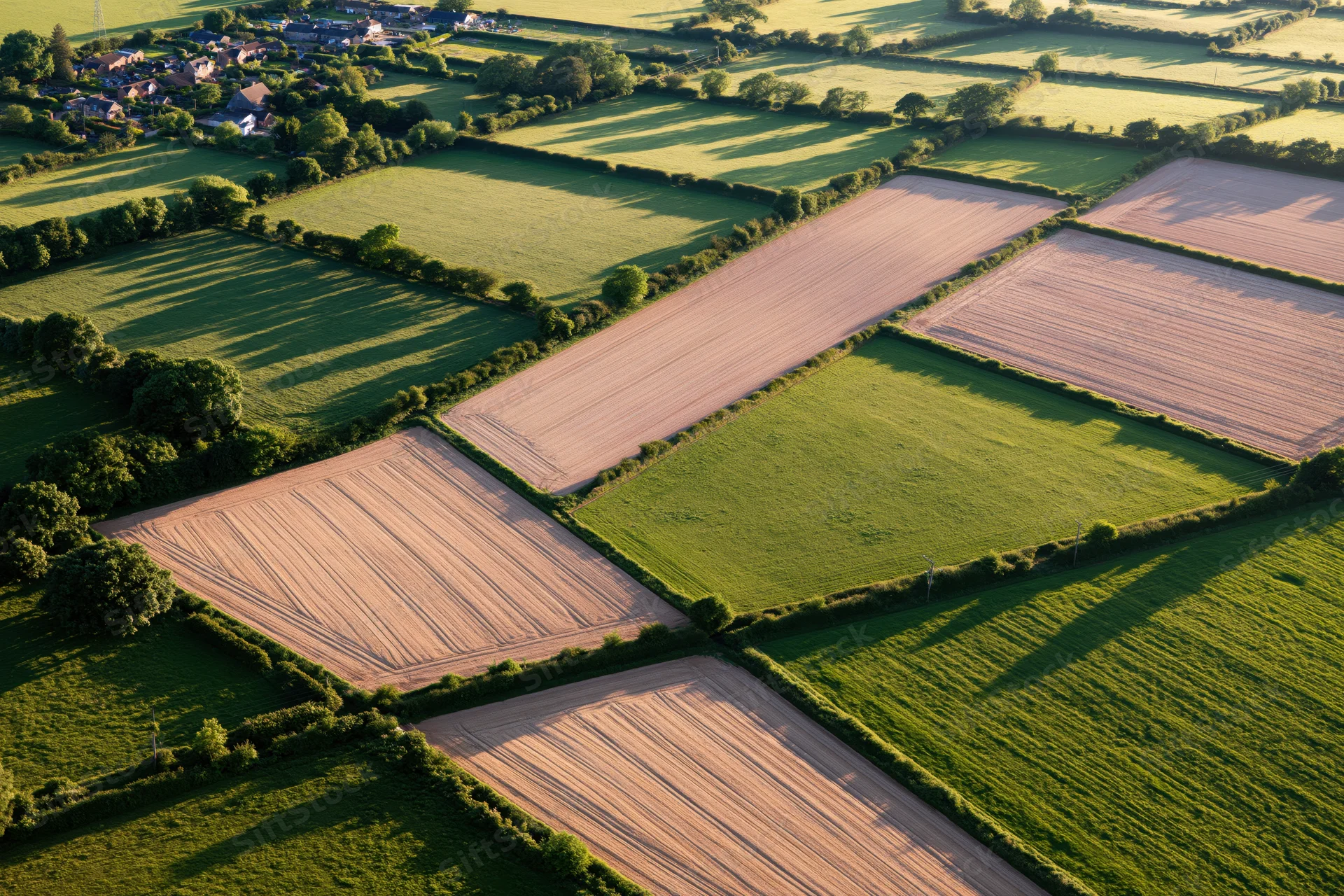 Aerial view of patchwork farmland fields in the English countryside