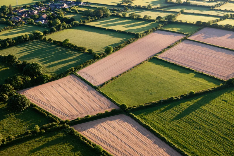 Aerial view of patchwork farmland fields in the English countryside