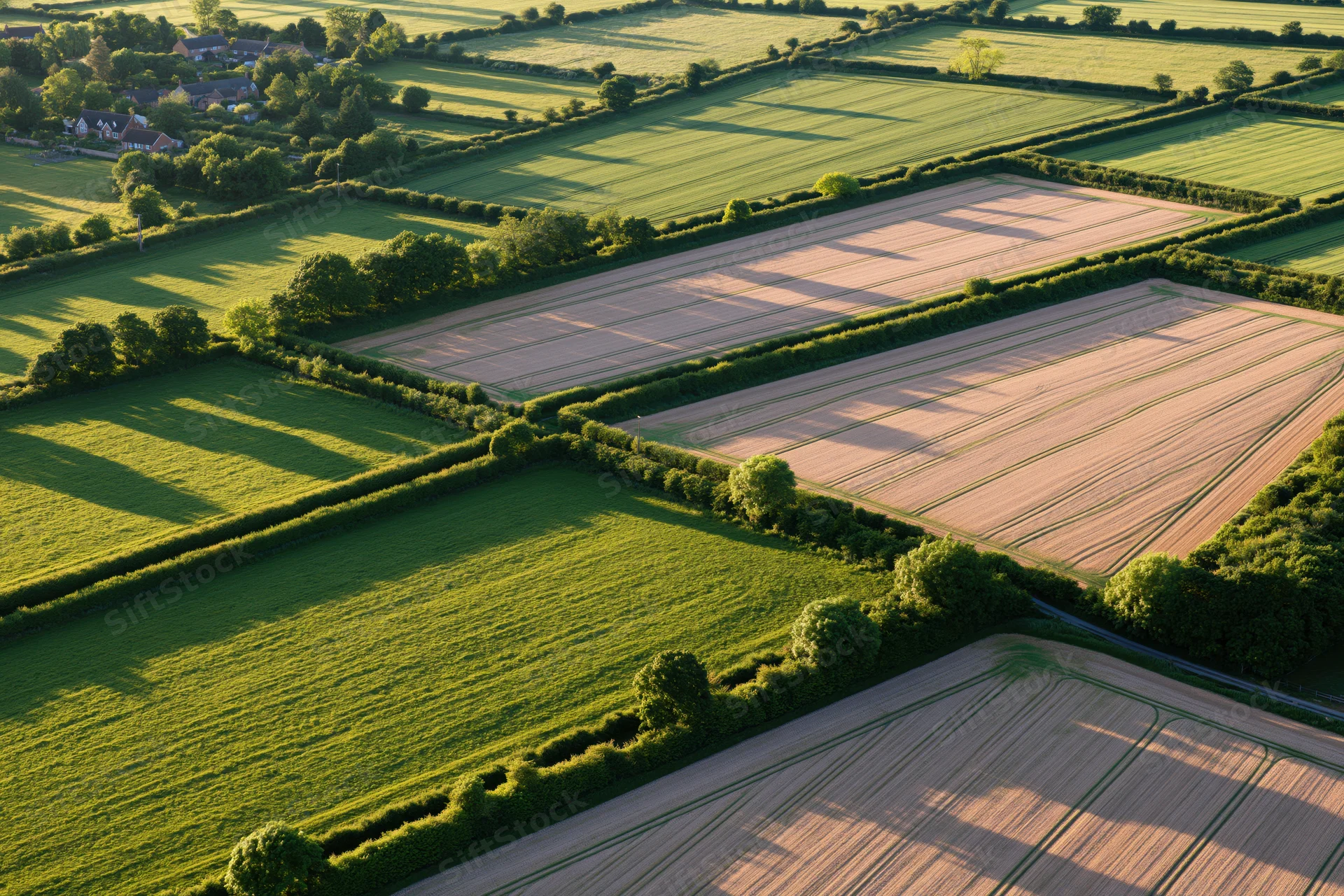 Aerial view of patchwork farmland fields in the english countryside with hedgerows and village houses