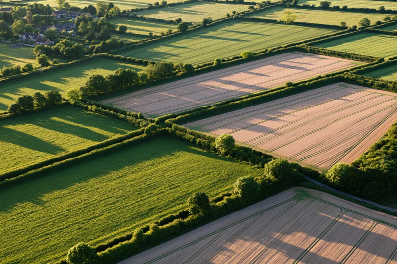 Aerial view of patchwork farmland fields in the english countryside with hedgerows and village houses