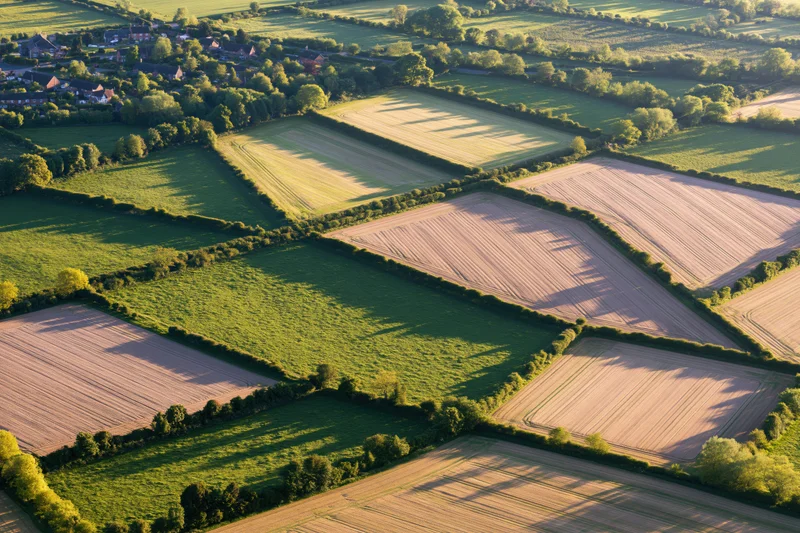 Aerial view of patchwork farmland fields in the english countryside
