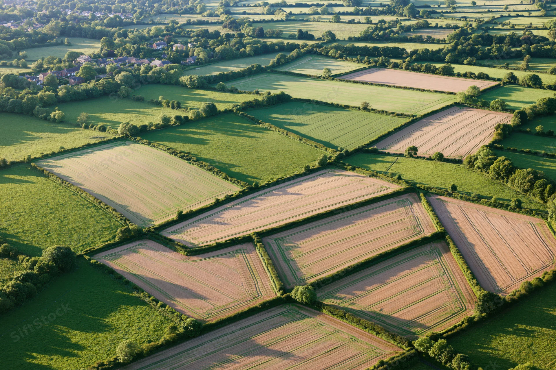 Aerial view of patchwork farmland fields in the english countryside