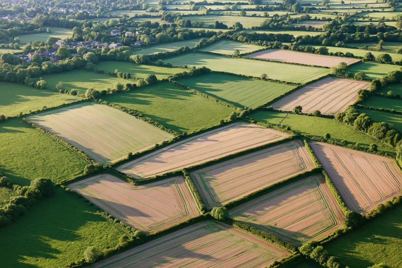 Aerial view of patchwork farmland fields in the english countryside