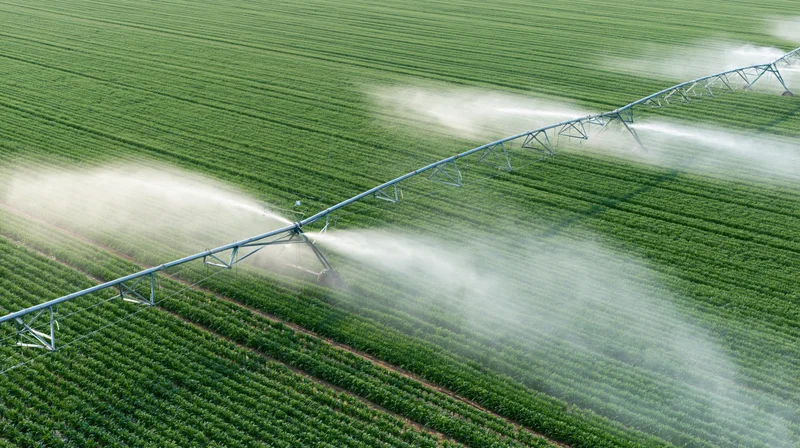 Aerial view of a center-pivot irrigation system spraying water over a green crop field