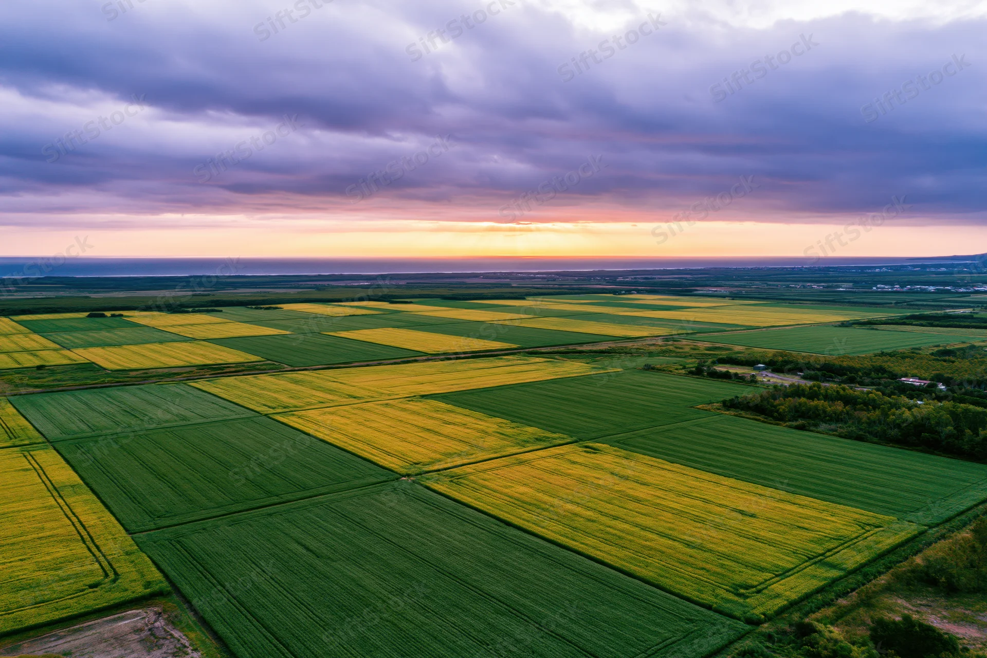 Aerial view of flat agricultural fields divided into geometric patterns under a cloudy sunset sky