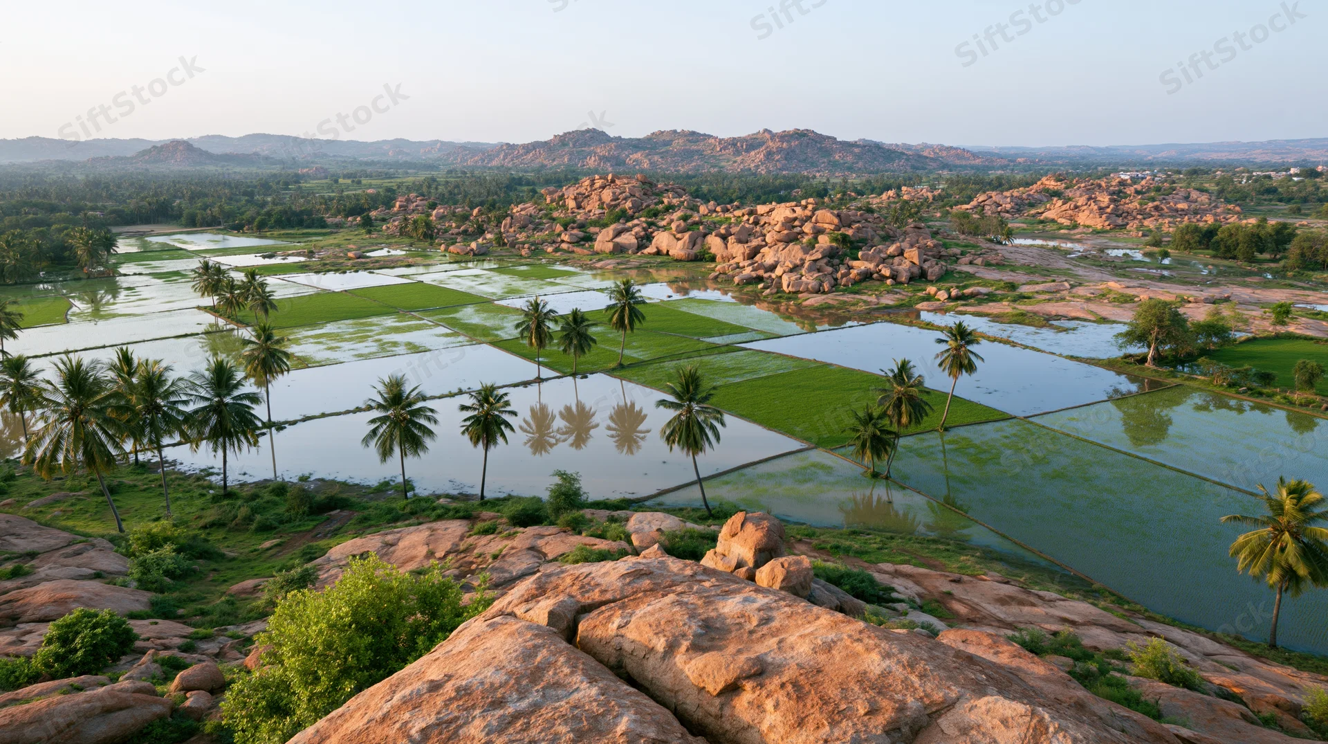 Aerial view of flooded rice paddies with scattered palm trees and rocky hills in the countryside
