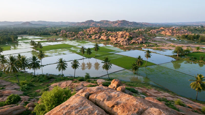 Aerial view of flooded rice paddies with scattered palm trees and rocky hills in the countryside