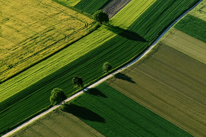Aerial view of patchwork agricultural fields divided by a winding road with trees casting shadows