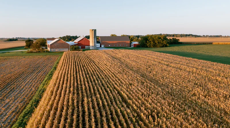Aerial view of a midwestern farm complex with red barns and cornfields at golden hour