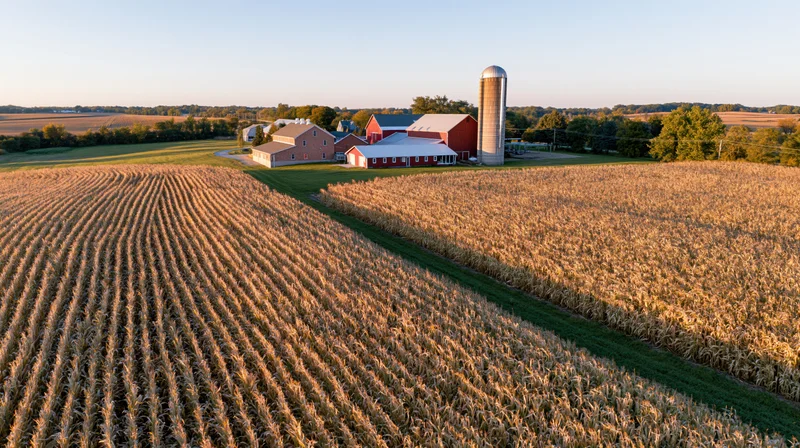 Aerial view of a midwestern farm complex with red barns and cornfields at sunset