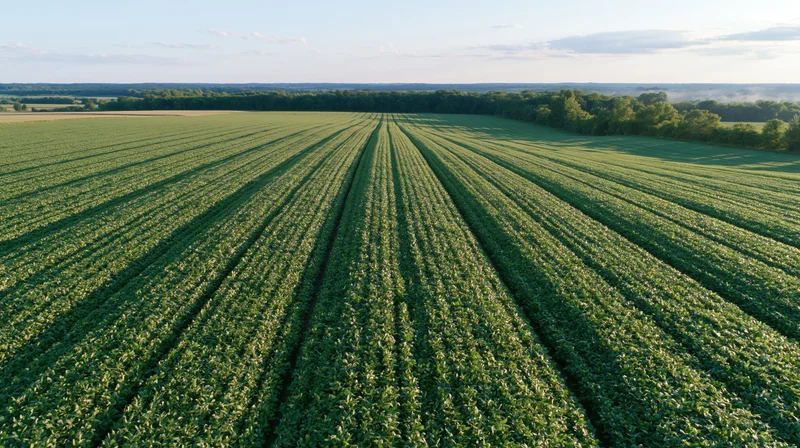 Aerial view of a vast soybean field with neat rows stretching toward the horizon under a clear sky
