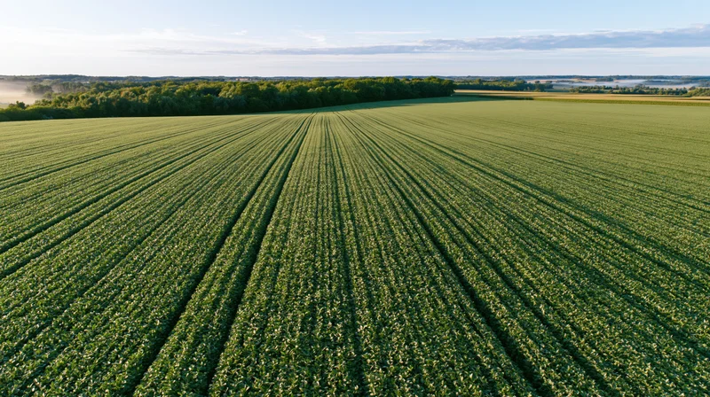 Aerial view of a vast soybean field with converging rows stretching toward the horizon under a clear sky
