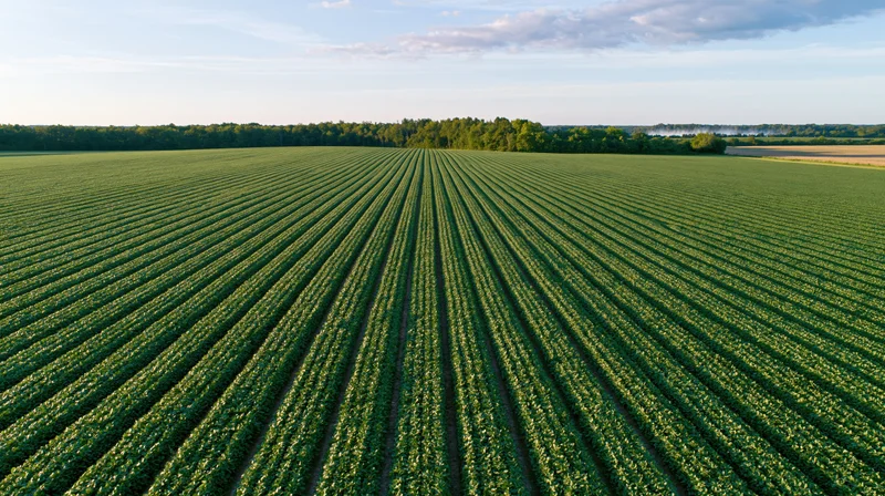 Aerial view of a vast soybean field with neat rows converging toward a tree-lined horizon