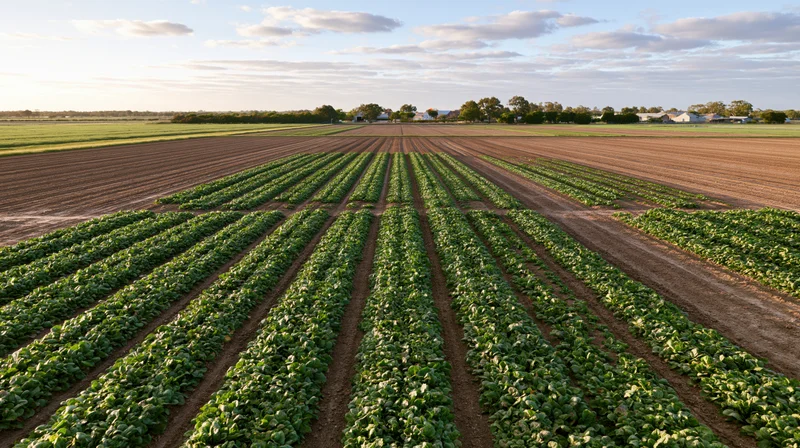 Rows of lettuce growing in a cultivated field under a partly cloudy sky
