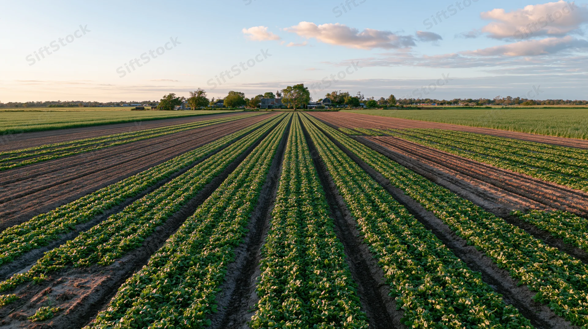 Long rows of green crops growing in a flat agricultural field under a partly cloudy sky at sunset