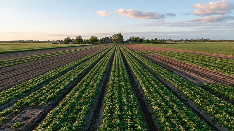 Long rows of green crops growing in a flat agricultural field under a partly cloudy sky at sunset
