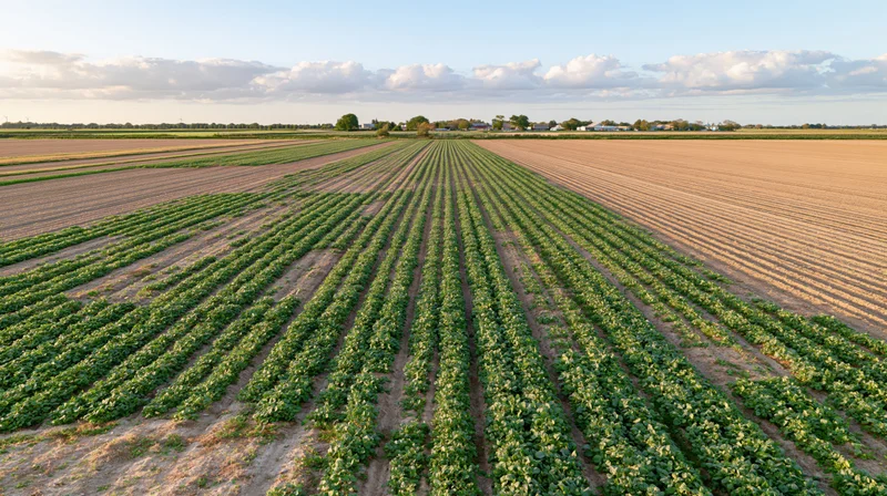 Aerial view of long rows of green crops growing in a flat agricultural field under a partly cloudy sky