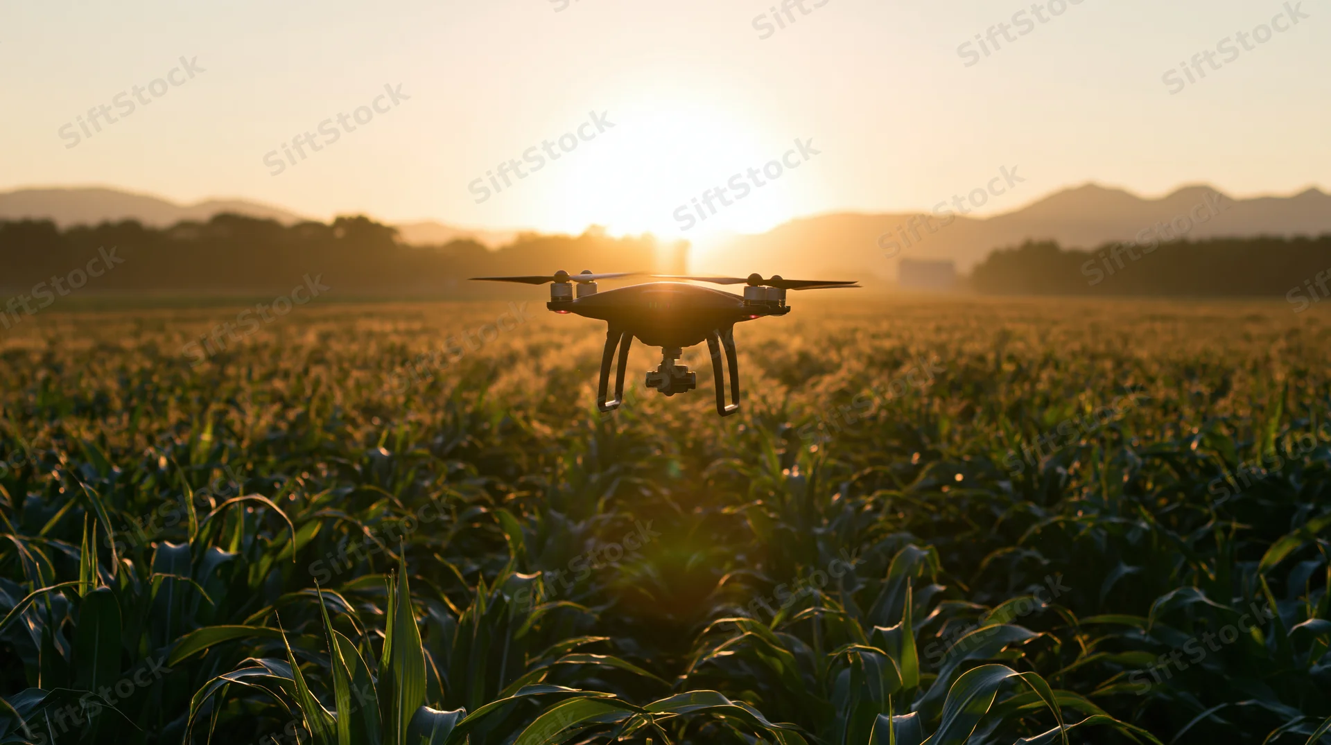 Agricultural drone hovering low over a green cornfield at sunset