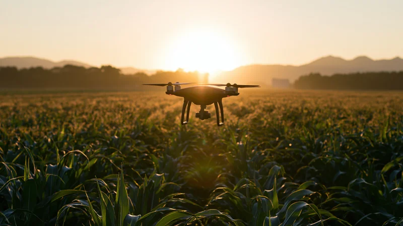 Agricultural drone hovering low over a green cornfield at sunset