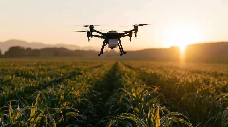 Drone hovering low over a green corn field at sunset