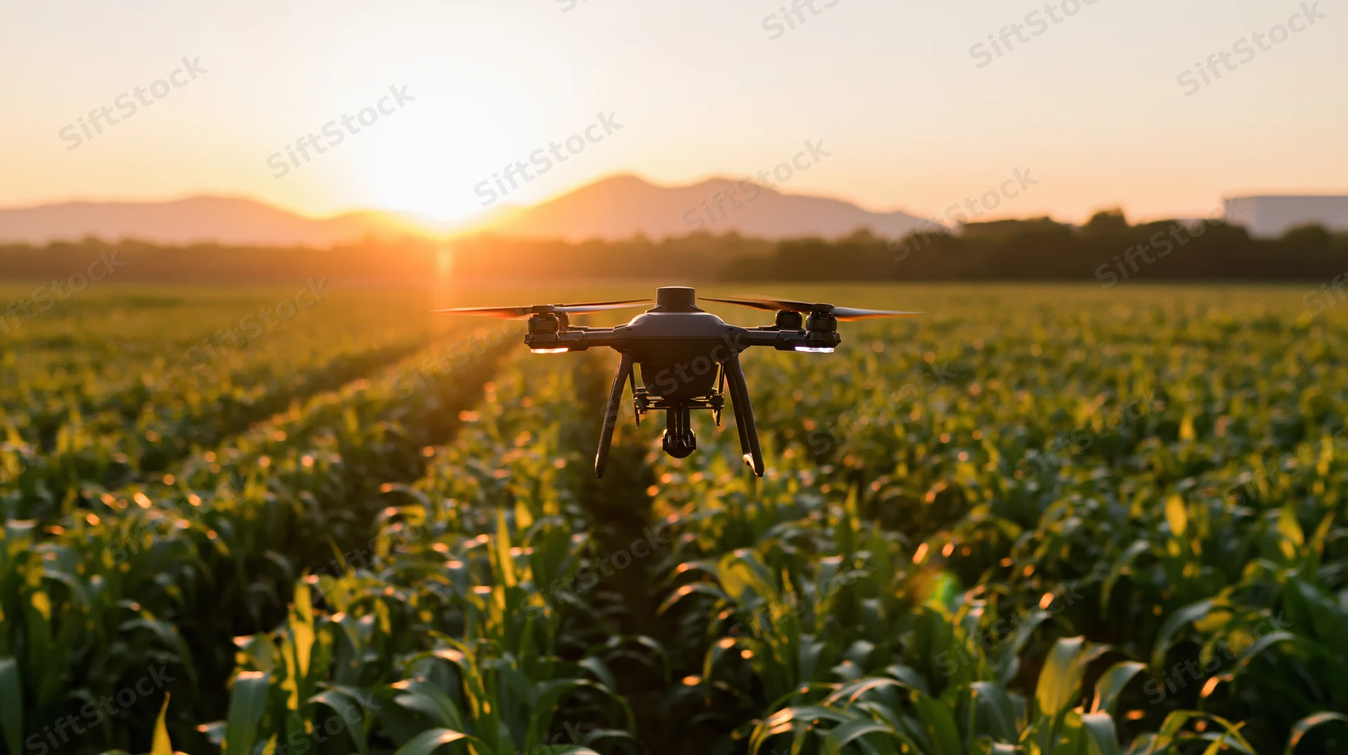 Drone hovering low over a green corn field at sunset