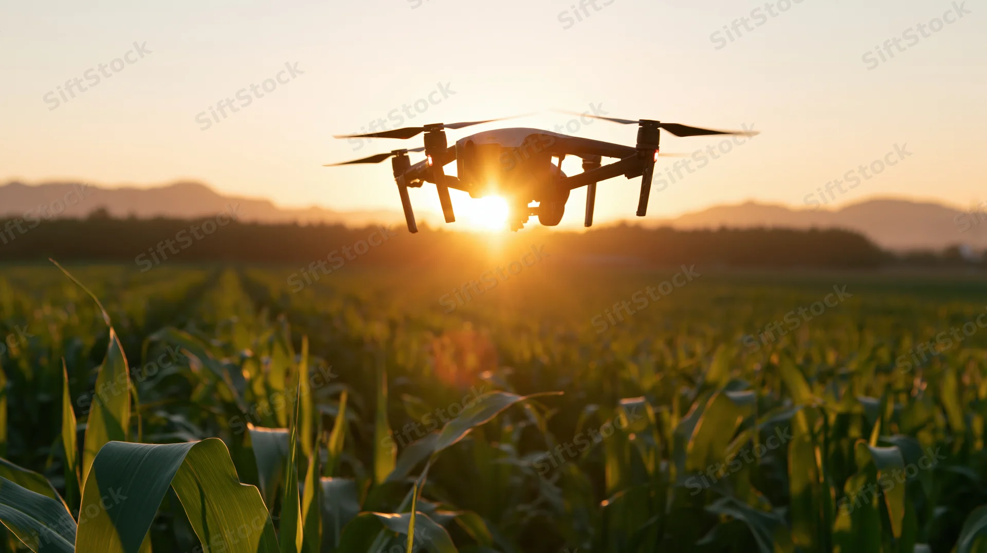 Drone hovering over corn field at sunset