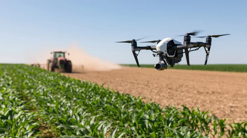 Drone hovering over cornfield with tractor tilling soil in background