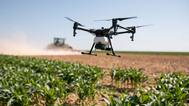 Drone hovering low over green cornfield with tractor in background
