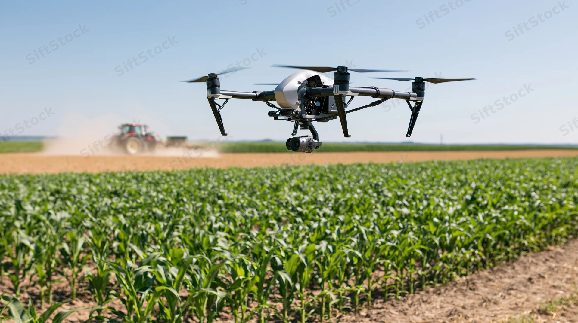 Agricultural drone hovering low over a green cornfield a tractor