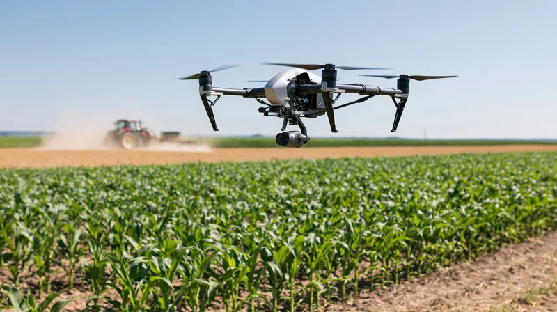 Agricultural drone hovering low over a green cornfield a tractor