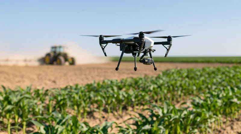 Drone hovering over green cornfield with tractor in background