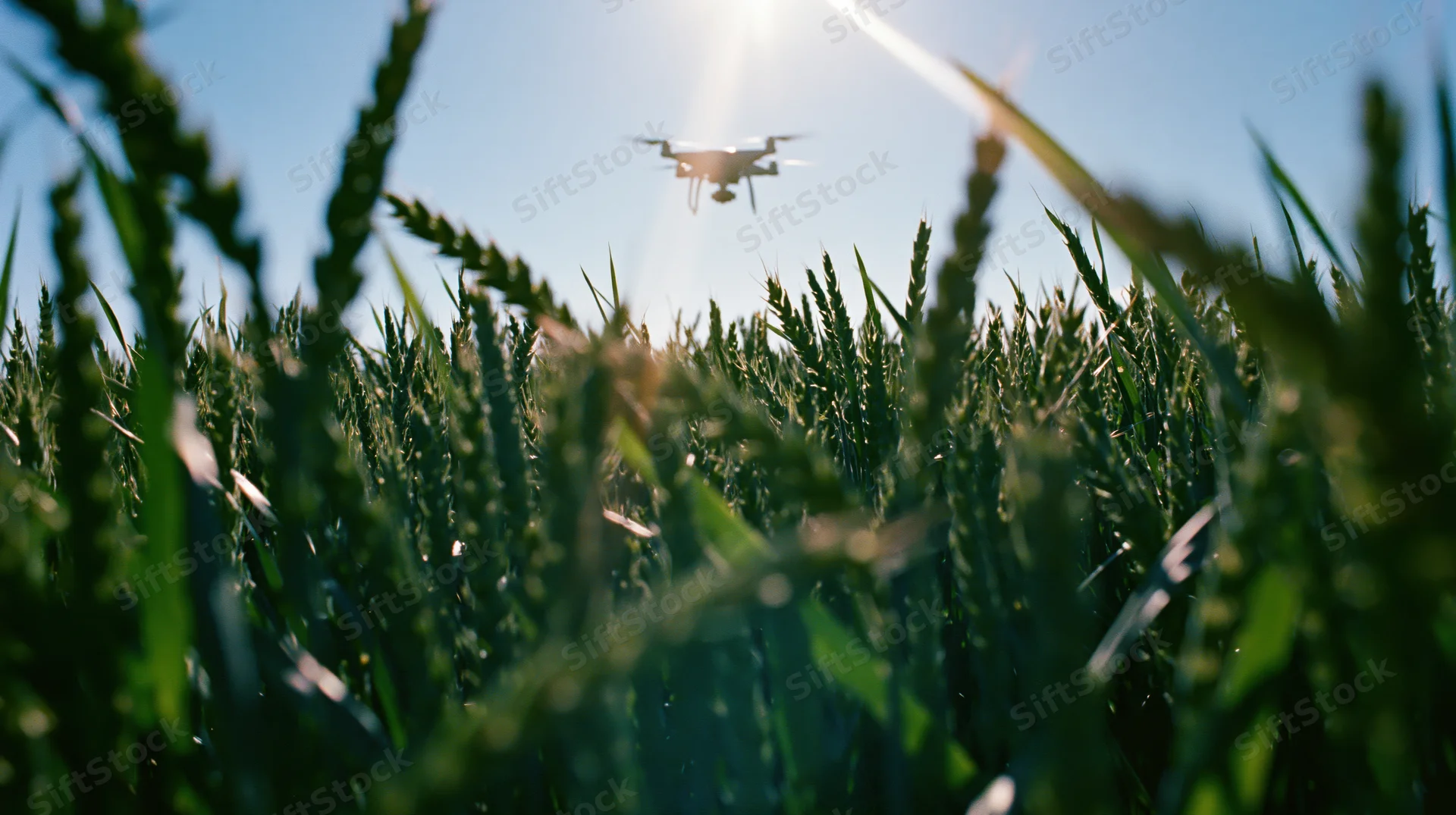 Drone hovering low over a wheat field in bright sunlight