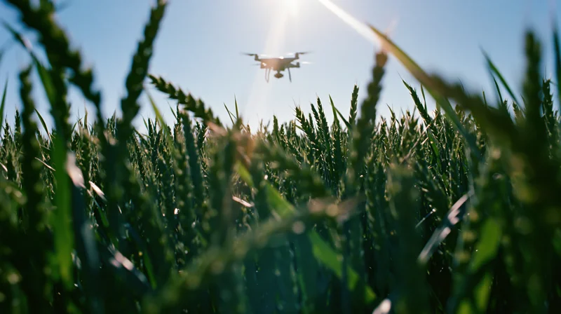 Drone hovering low over a wheat field in bright sunlight