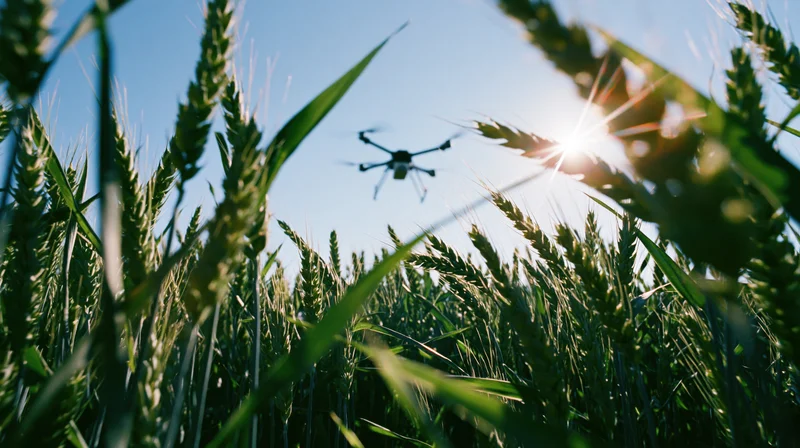 Drone hovering low over wheat field with sun flare