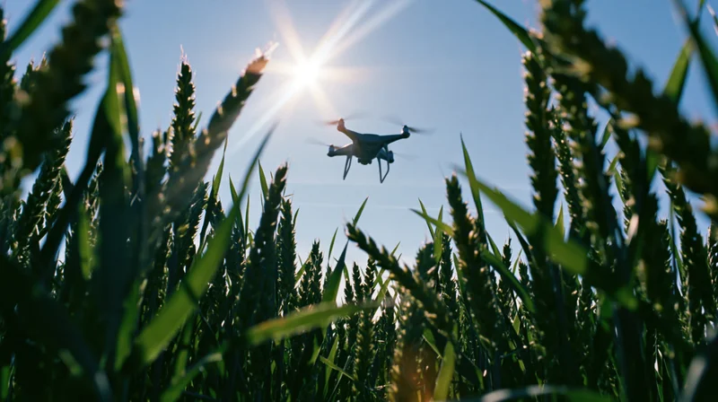 Drone flying over wheat field under bright sun
