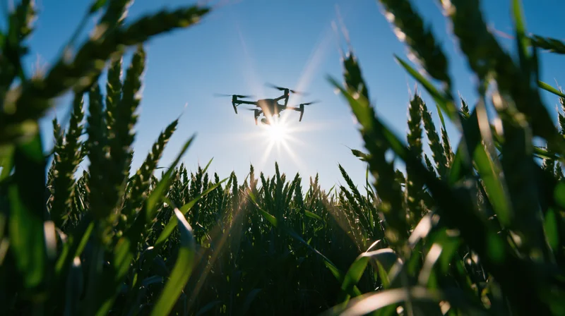 Agricultural drone hovering over a wheat field shot from ground