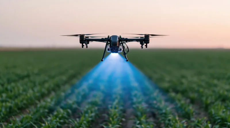 Agricultural drone hovering low over a young corn field scanning