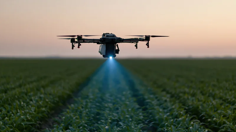 Drone hovering over young corn field at dusk with spotlight beam