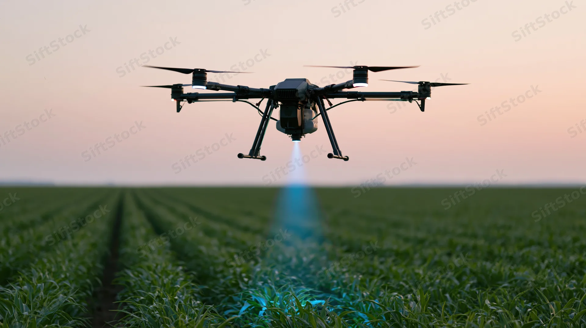 Drone hovering over young corn field at dusk with blue light beam scanning crops