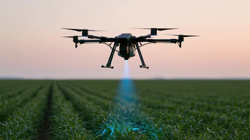 Drone hovering over young corn field at dusk with blue light beam scanning crops