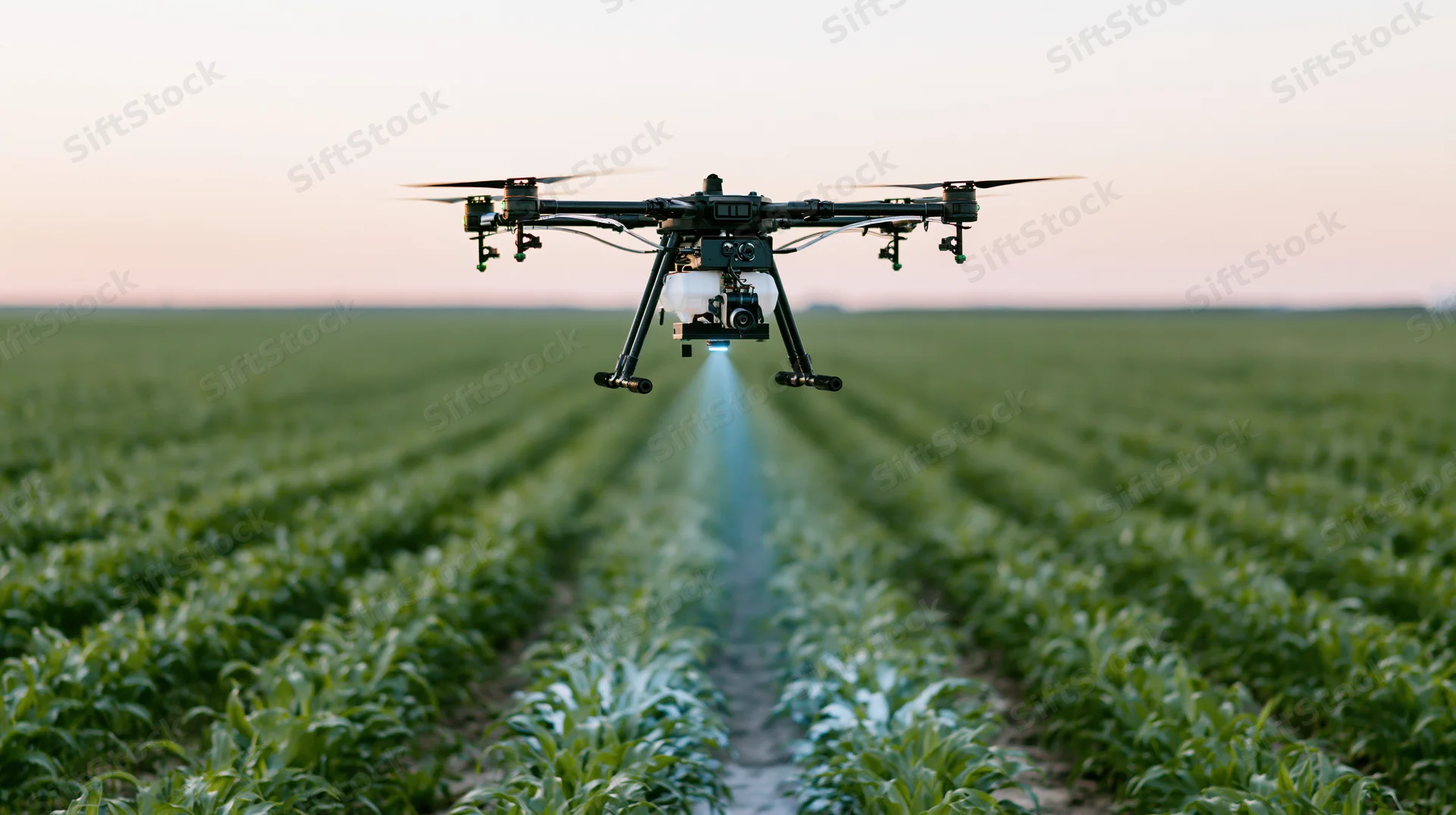 Drone hovering low over rows of young corn in a field at dusk