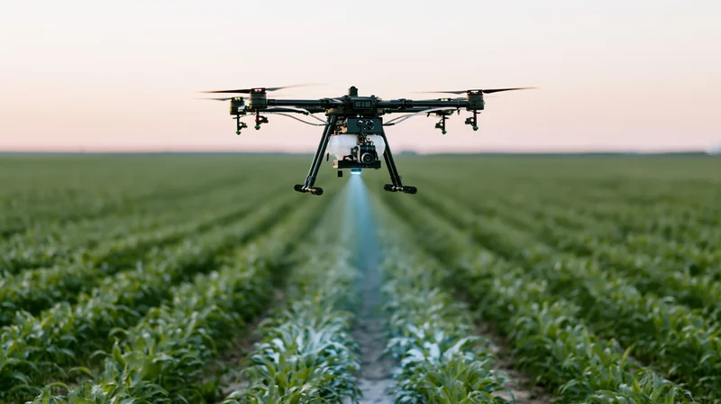 Drone hovering low over rows of young corn in a field at dusk