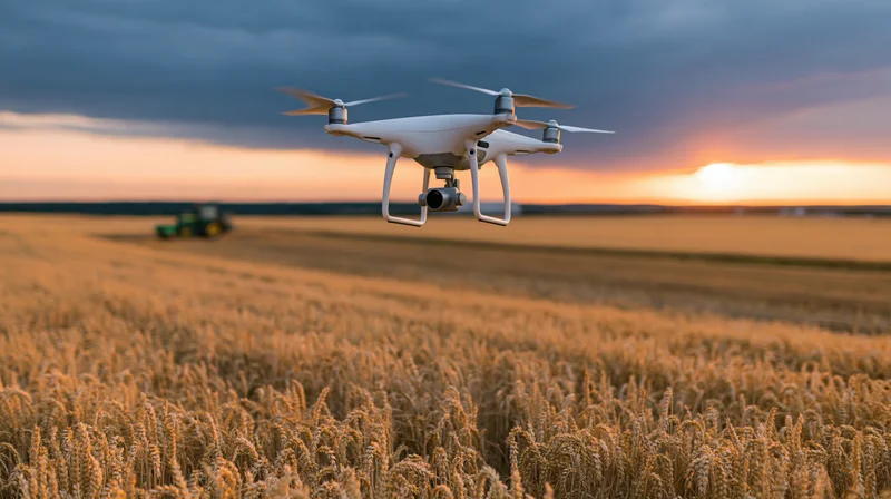 Drone hovering over golden wheat field at sunset with tractor in background