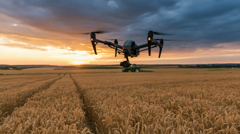 Drone hovering over golden wheat field at sunset with tractor in background